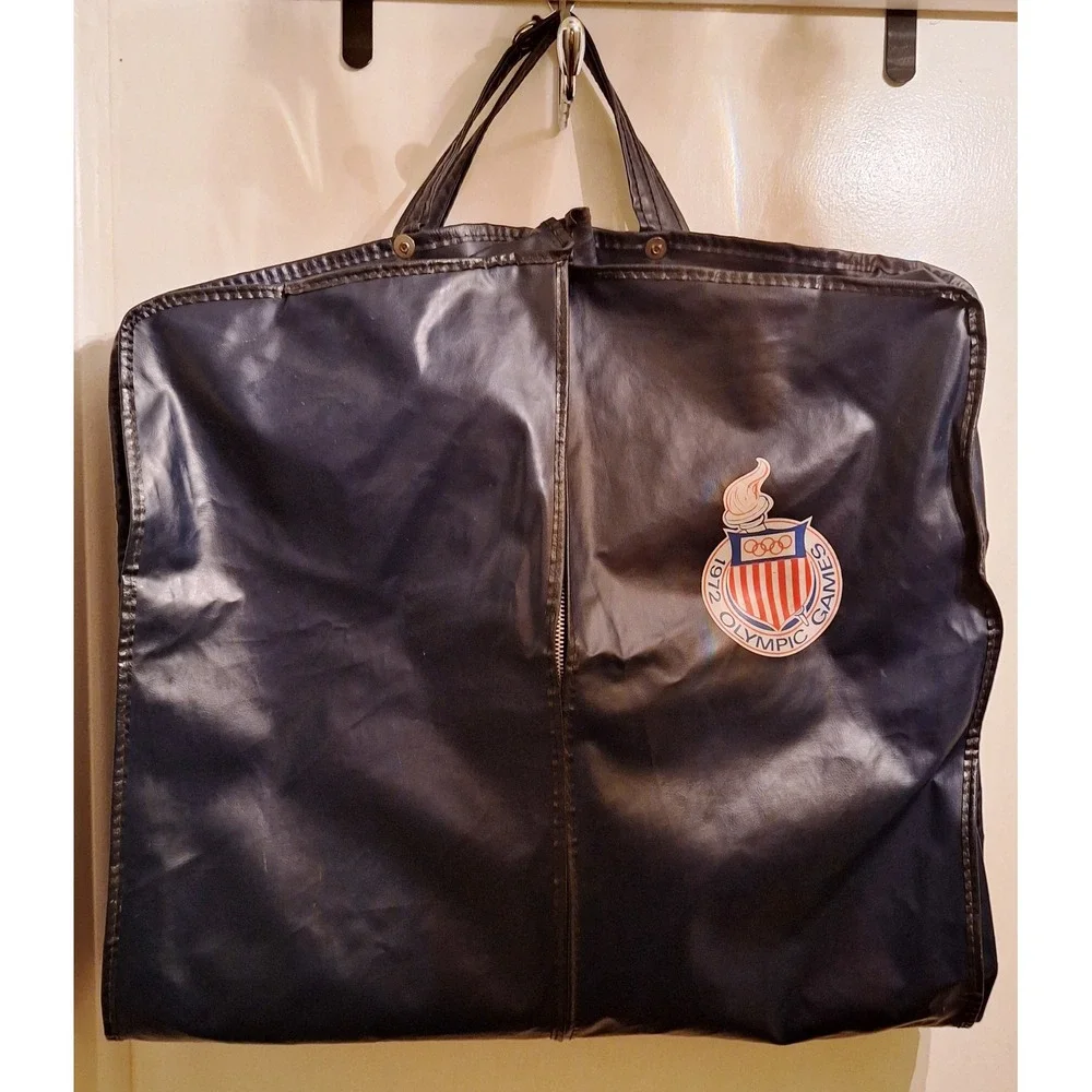 Vintage‎ 1972 Olympic Games Garment Bag Navy Blue Vinyl Travel Suit Cover Logo